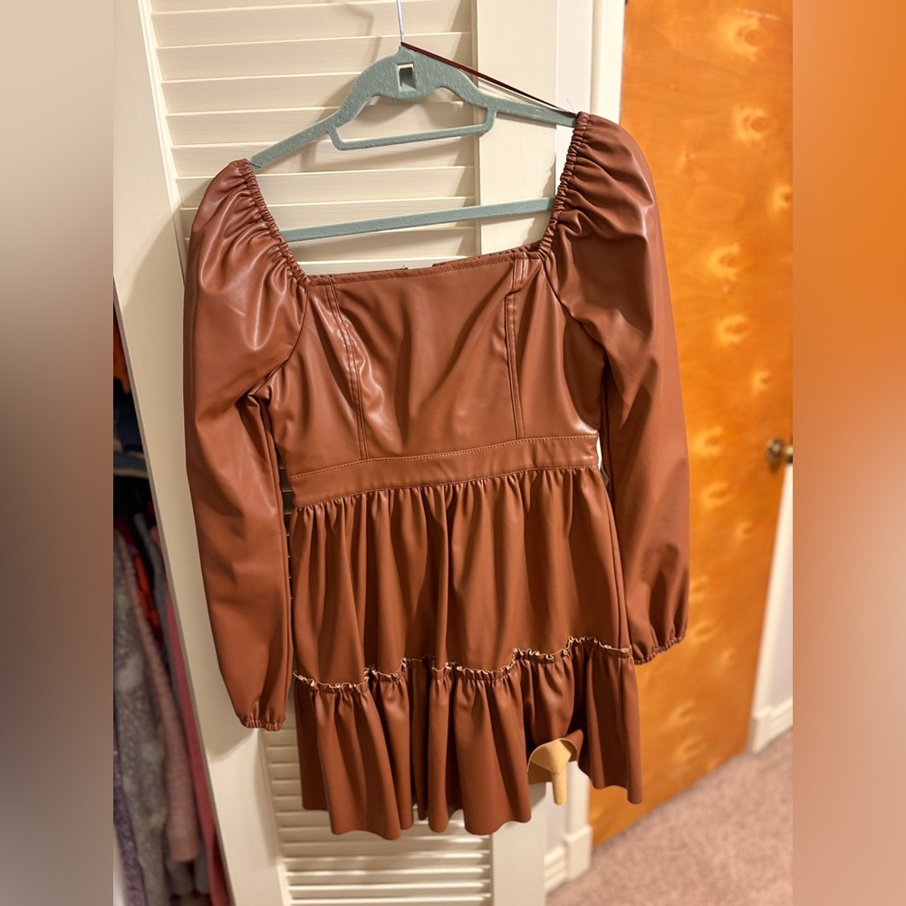 Brown Faux Leather Dress with Puff Sleeves
